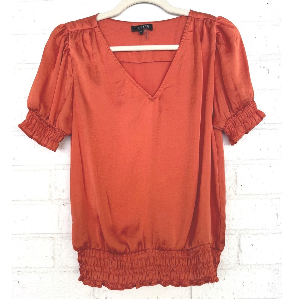 Satin Smocked Puff Sleeve Blouse Rust Orange Corporate Chic Size Small